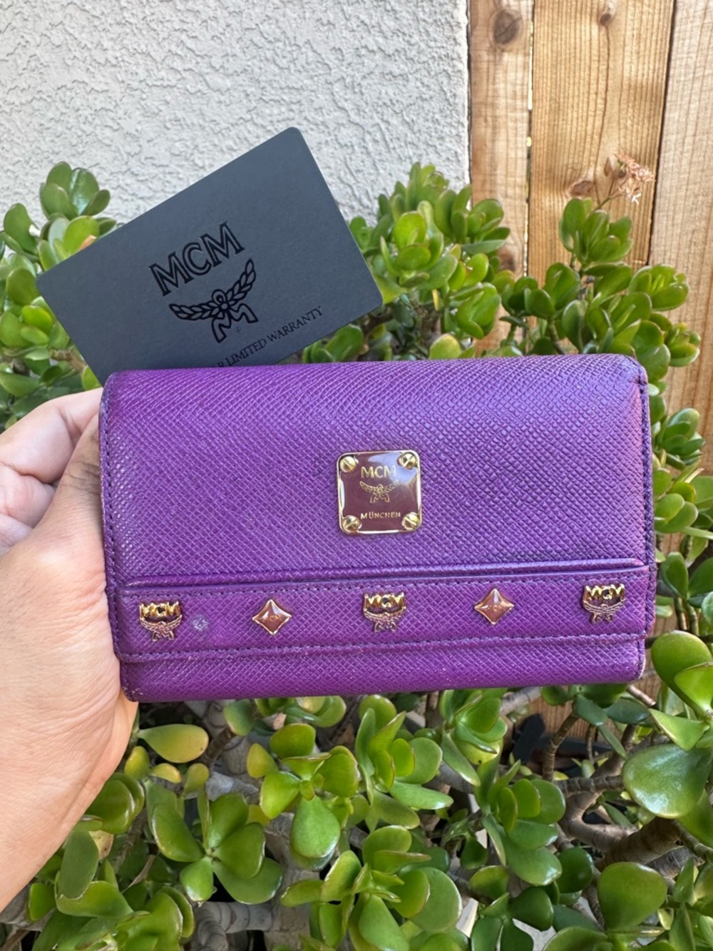 MCM Purple Saffiano Leather Logo Plaque Wallet with Gold Studs